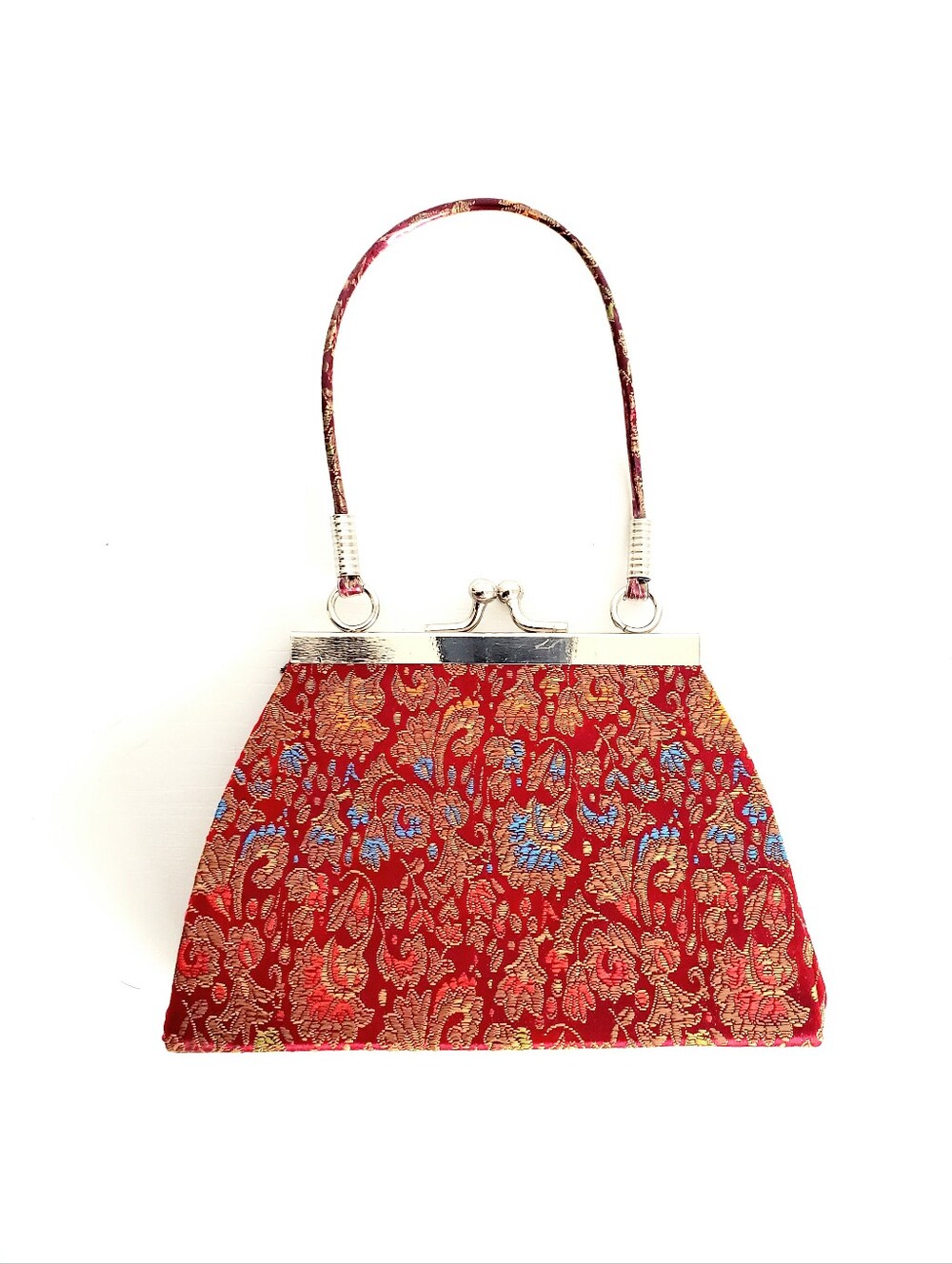 Red Brocade Mini Handbag with Metallic Frame